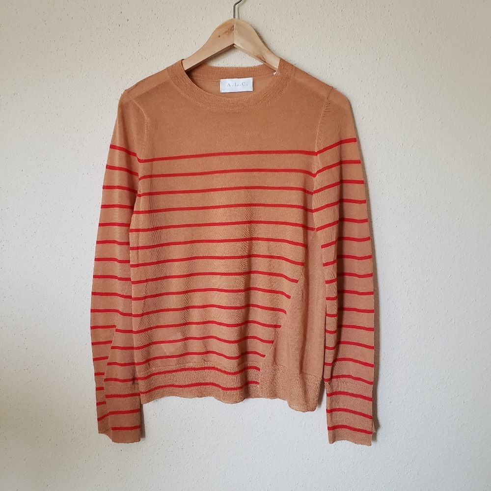 A.L.C Faye Asymmetrical Stripe Wool Sweater Brown